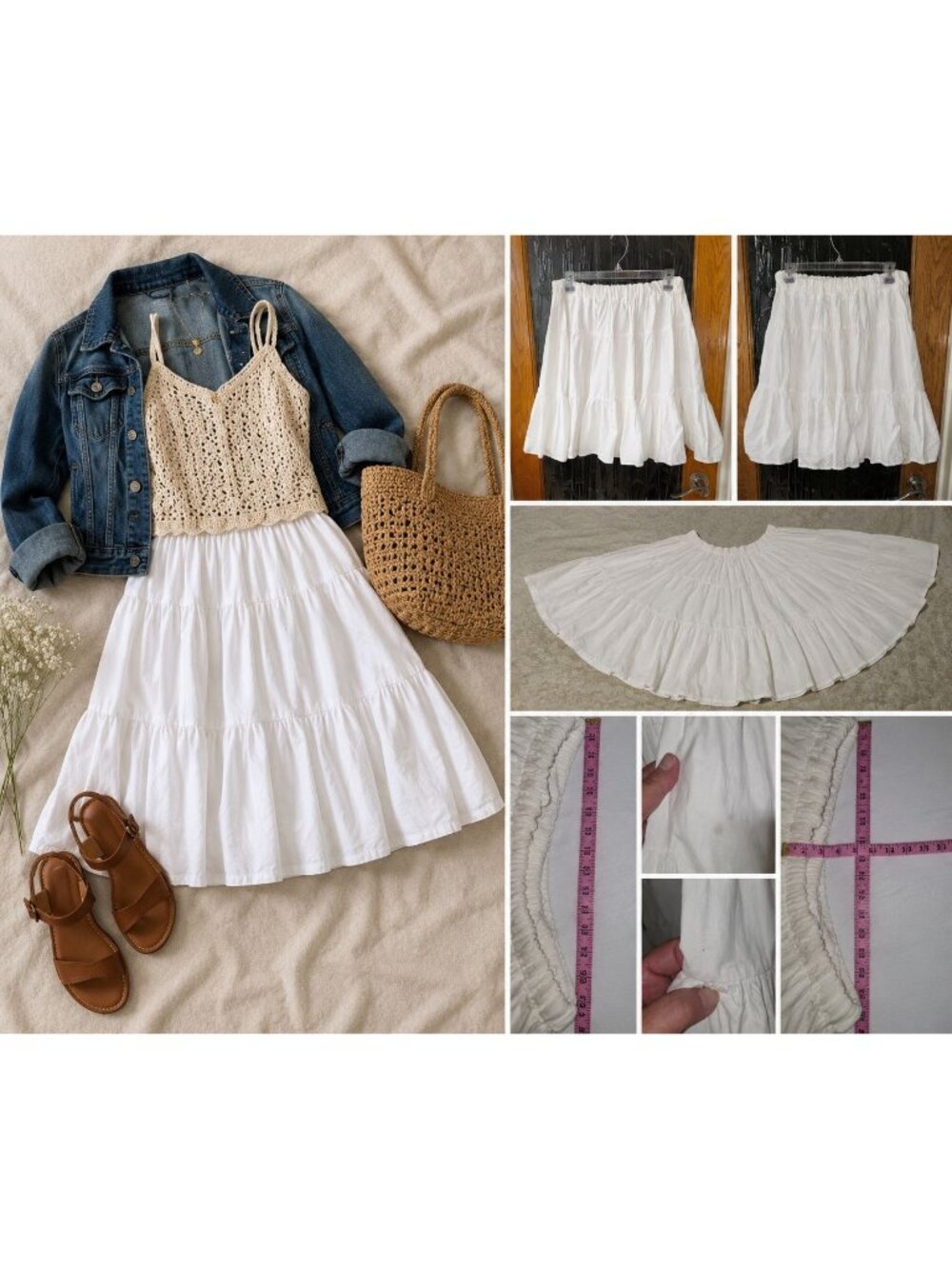 Women's White Tiered Peasant Skirt Elastic Waist Boho Cottagecore Prairie 23"